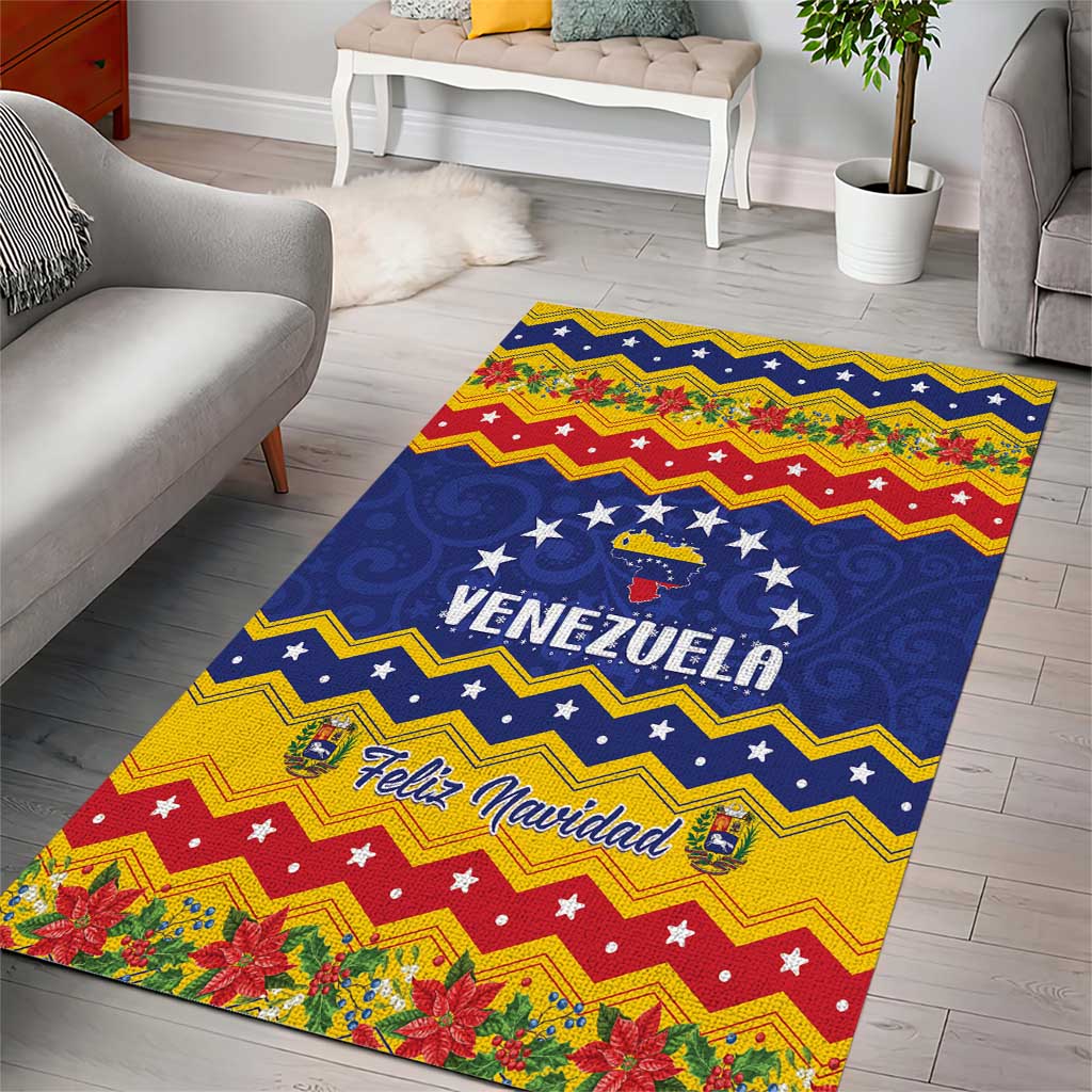 Rectangular Christmas rug in blue, red, and yellow with “Venezuela” and “Feliz Navidad”