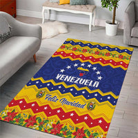 Rectangular Christmas rug in blue, red, and yellow with “Venezuela” and “Feliz Navidad”