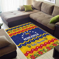 Holiday area rug featuring blue stars, zigzag borders, and “Venezuela” with “Feliz Navidad”