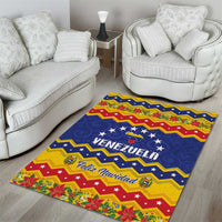 Christmas area rug with navy blue field, red accents, and “Venezuela Feliz Navidad” text