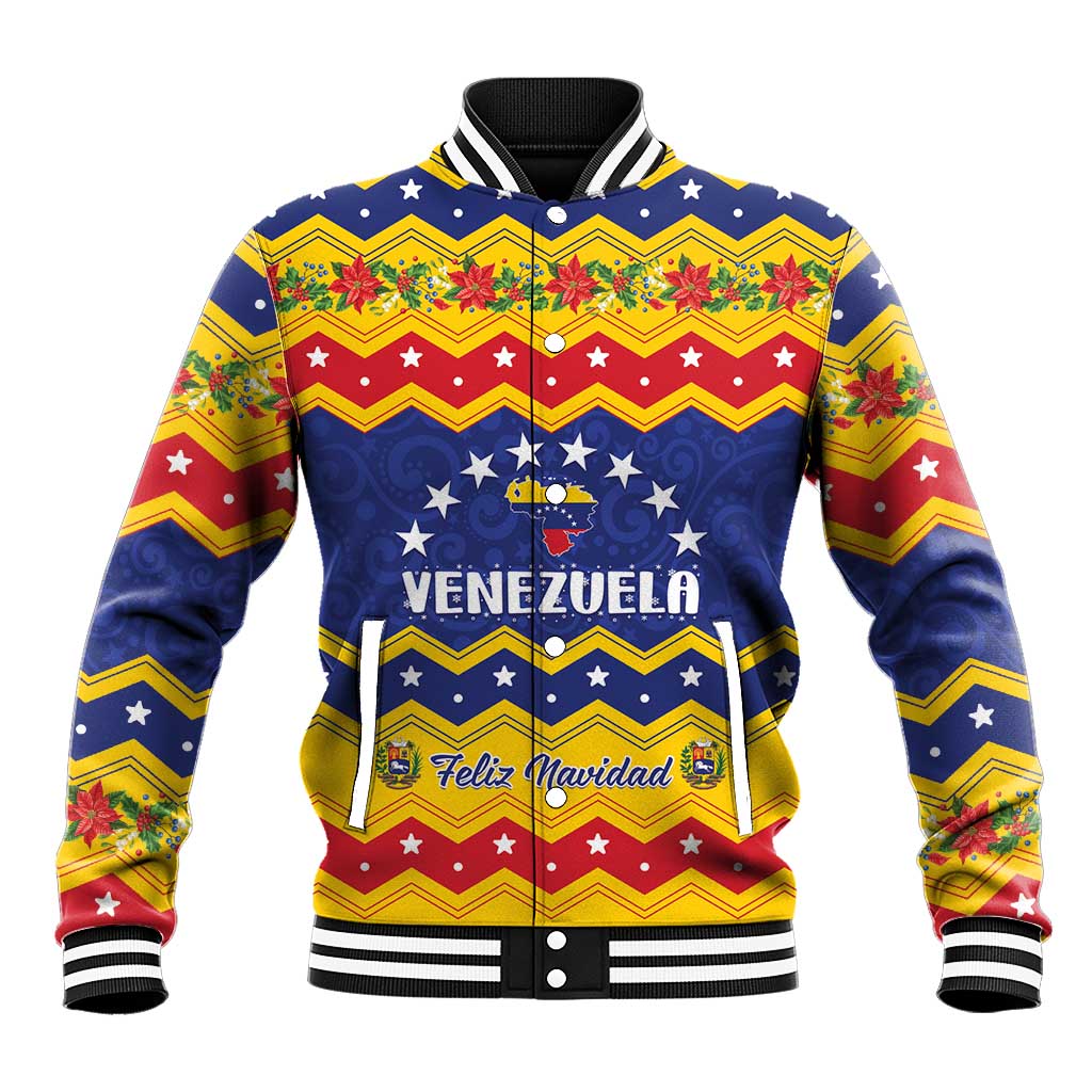 Unisex yellow and blue varsity-style Christmas baseball jacket, Feliz Navidad graphic and lettering