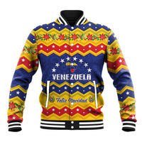 Unisex yellow and blue varsity-style Christmas baseball jacket, Feliz Navidad graphic and lettering