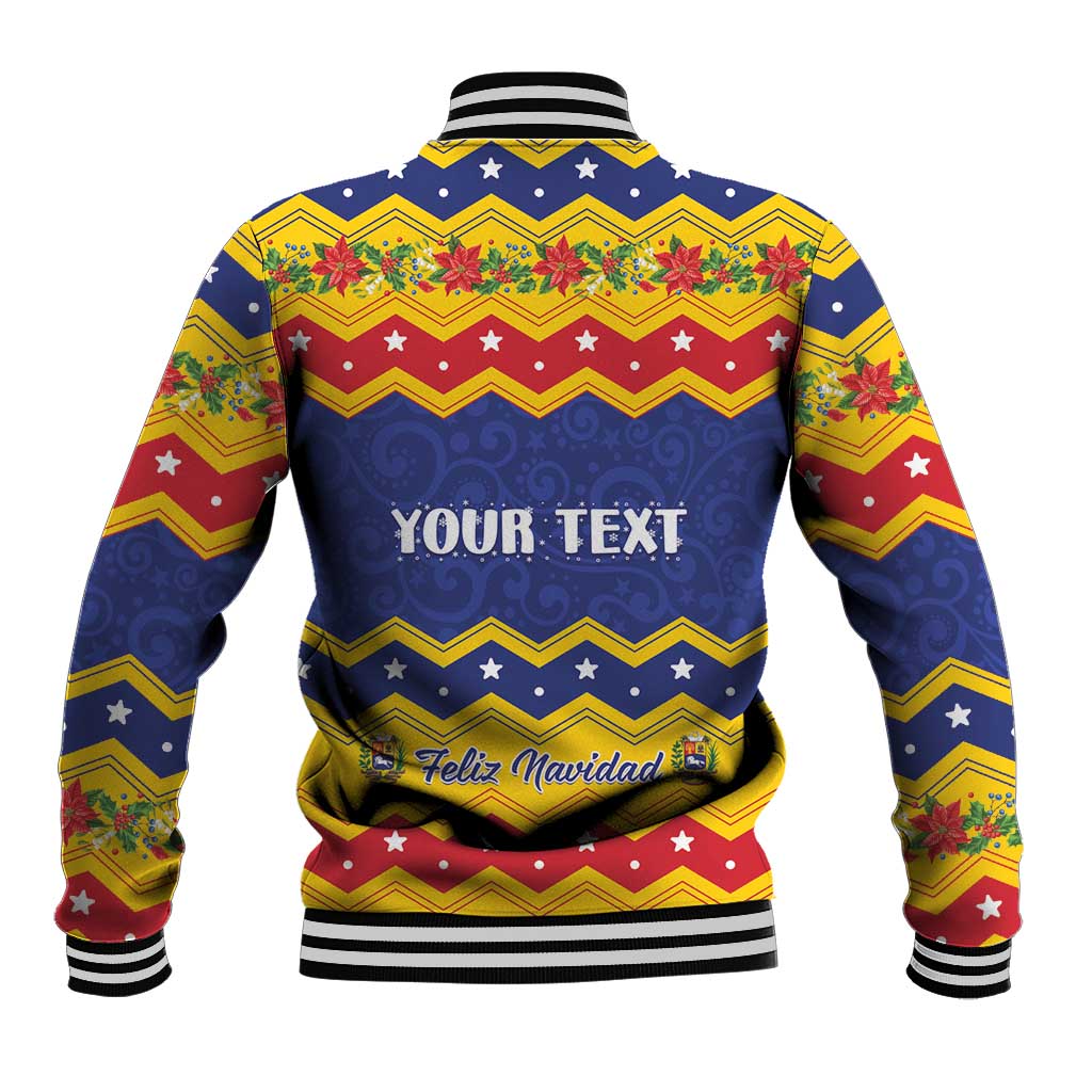 Unisex yellow and blue varsity-style Christmas baseball jacket, back Your Text and Feliz Navidad