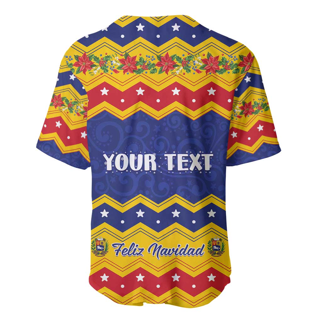 Personalized baseball jersey in blue, red, and yellow with 'YOUR TEXT' and Feliz Navidad