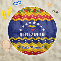 Round beach blanket with fringe, blue Venezuela flag print and Feliz Navidad message