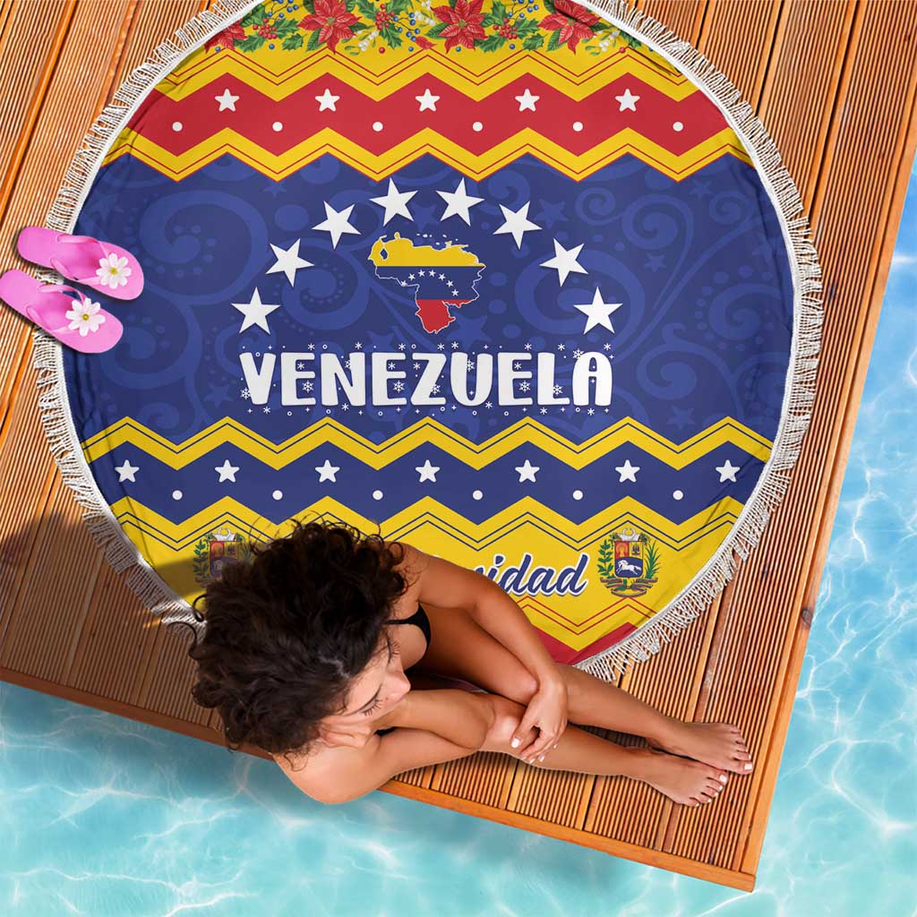 Round beach blanket with fringe, blue stars and map graphic, Feliz Navidad design
