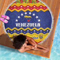 Round beach blanket with fringe, blue stars and map graphic, Feliz Navidad design