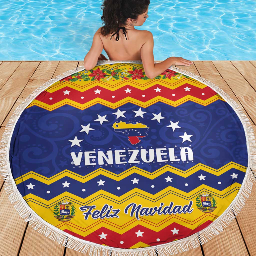 Round beach blanket with fringe, navy stars and border chevrons with Feliz Navidad