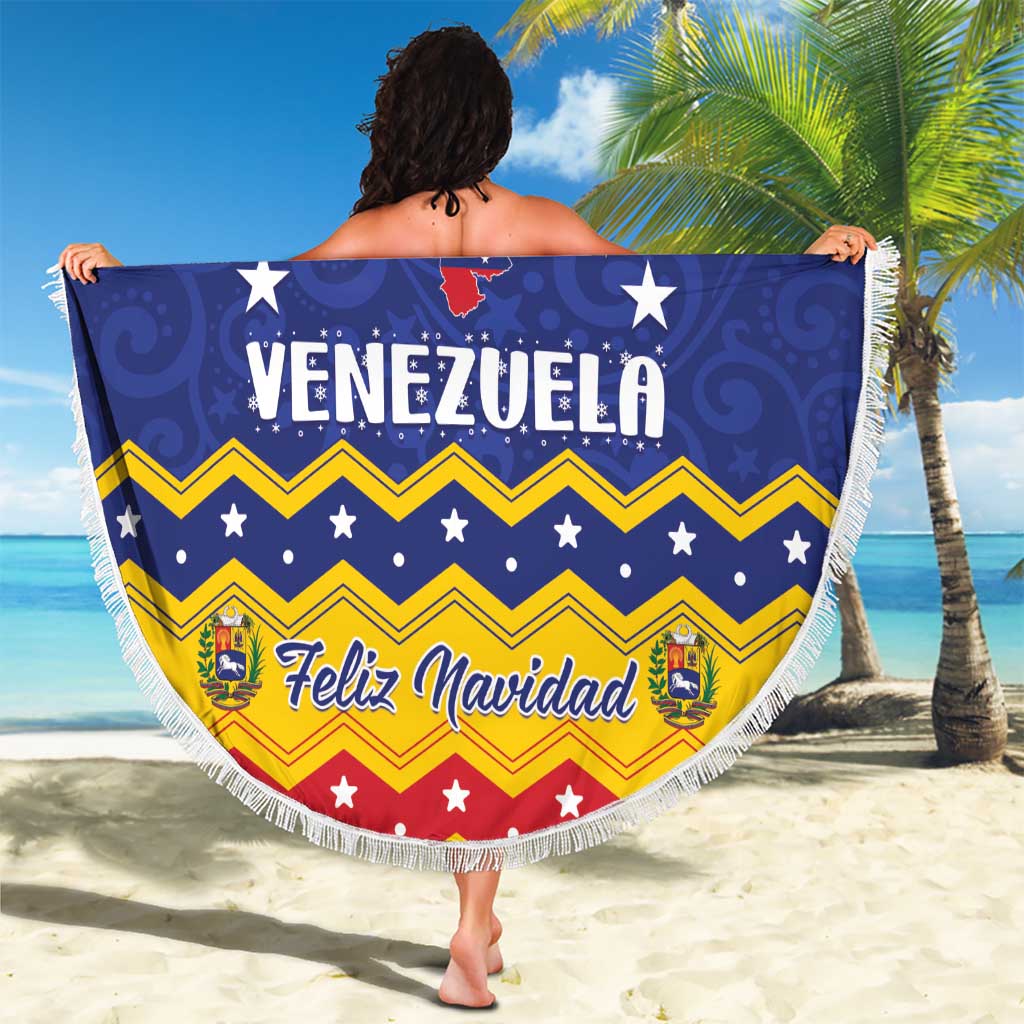 Round beach blanket with fringe, Venezuela logo center and Feliz Navidad text