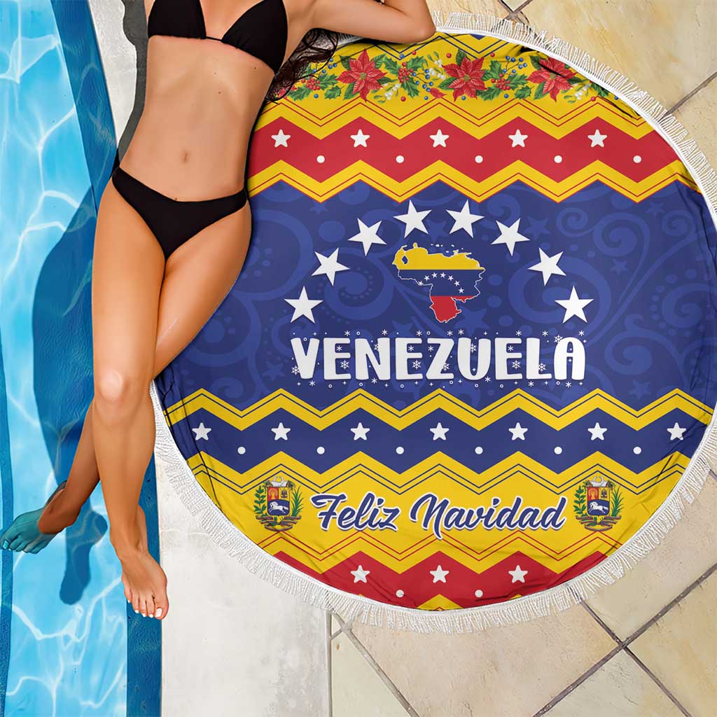 Round beach blanket with fringe, blue and red chevron design with Feliz Navidad lettering