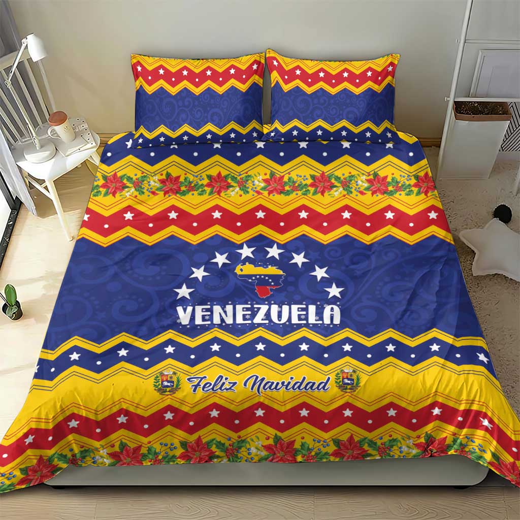 Venezuela Christmas bedding set: blue, red, and yellow holiday pattern with “Feliz Navidad” script