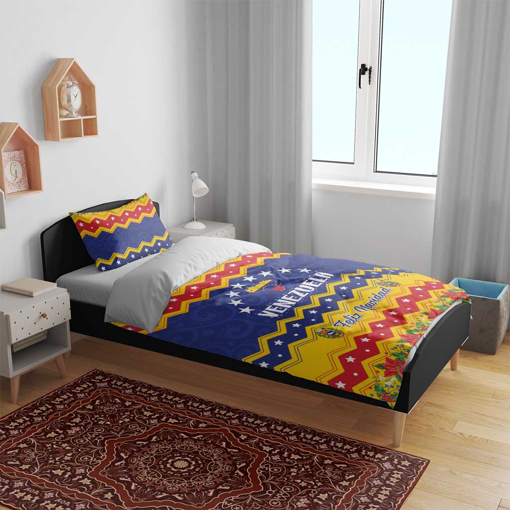 Venezuela Christmas bedding set on bed: blue star section with “VENEZUELA” and striped border