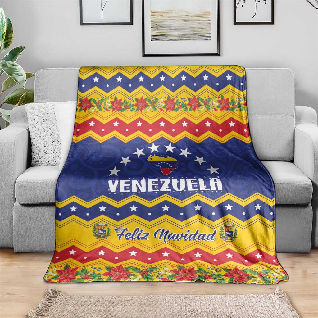 Venezuela Christmas blanket draped over sofa with stars and floral holiday border