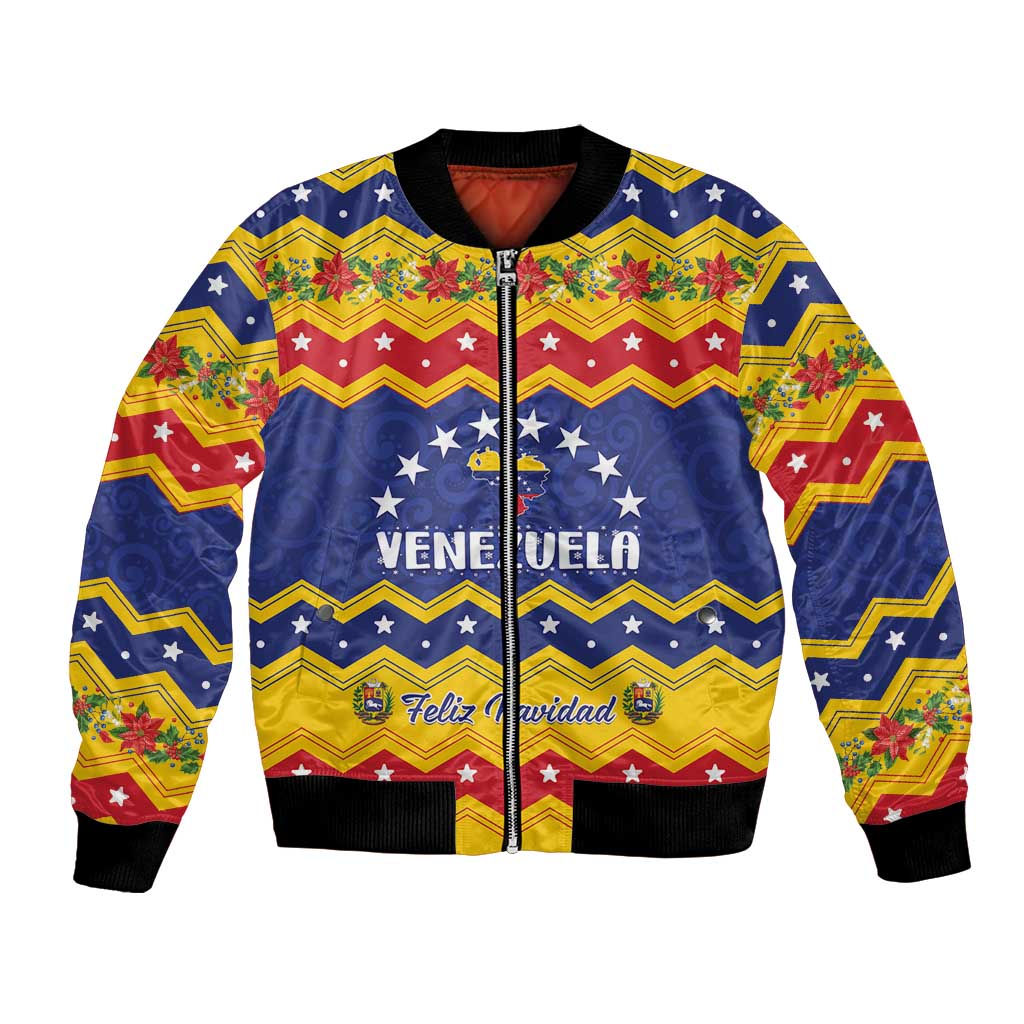 Unisex bomber jacket with star-striped print, front zipper, 'VENEZUELA' & Feliz Navidad.