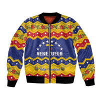 Unisex bomber jacket with star-striped print, front zipper, 'VENEZUELA' & Feliz Navidad.