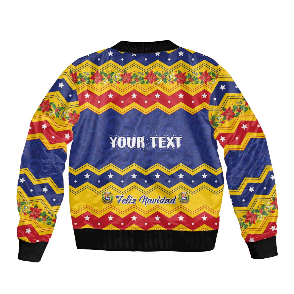 Unisex bomber jacket with star-striped print, front zipper, 'YOUR TEXT' and Feliz Navidad.