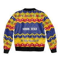 Unisex bomber jacket with star-striped print, front zipper, 'YOUR TEXT' and Feliz Navidad.