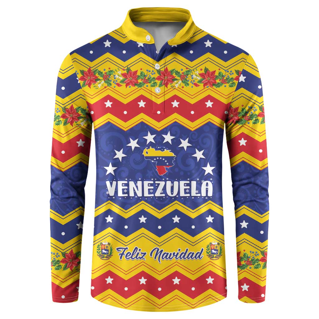 Button-front Christmas sweatshirt with Venezuela Feliz Navidad graphic, blue/red/yellow