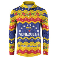 Button-front Christmas sweatshirt with Venezuela Feliz Navidad graphic, blue/red/yellow