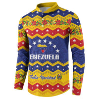 Button-front Christmas sweatshirt with Venezuela and Feliz Navidad, blue star pattern