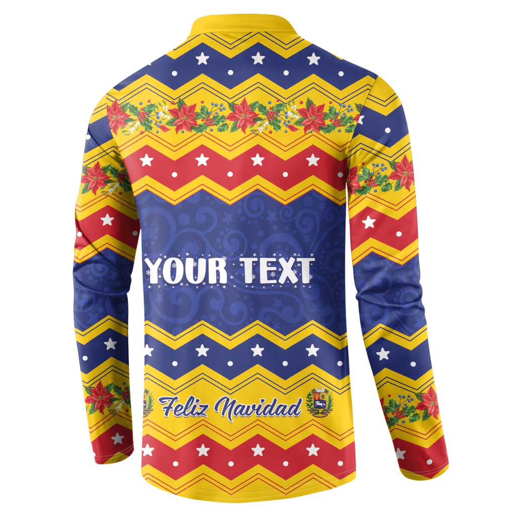 Button-front Christmas sweatshirt, back shows YOUR TEXT and Feliz Navidad, blue/red