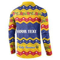 Button-front Christmas sweatshirt, back shows YOUR TEXT and Feliz Navidad, blue/red