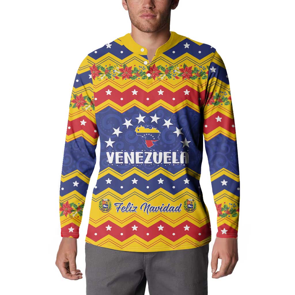 Button-front Christmas sweatshirt with Venezuela Feliz Navidad graphic, front view, blue/red/yellow