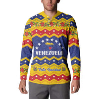Button-front Christmas sweatshirt with Venezuela Feliz Navidad graphic, front view, blue/red/yellow