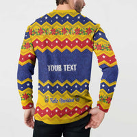 Button-front Christmas sweatshirt, back shows YOUR TEXT and Feliz Navidad, blue/red/yellow