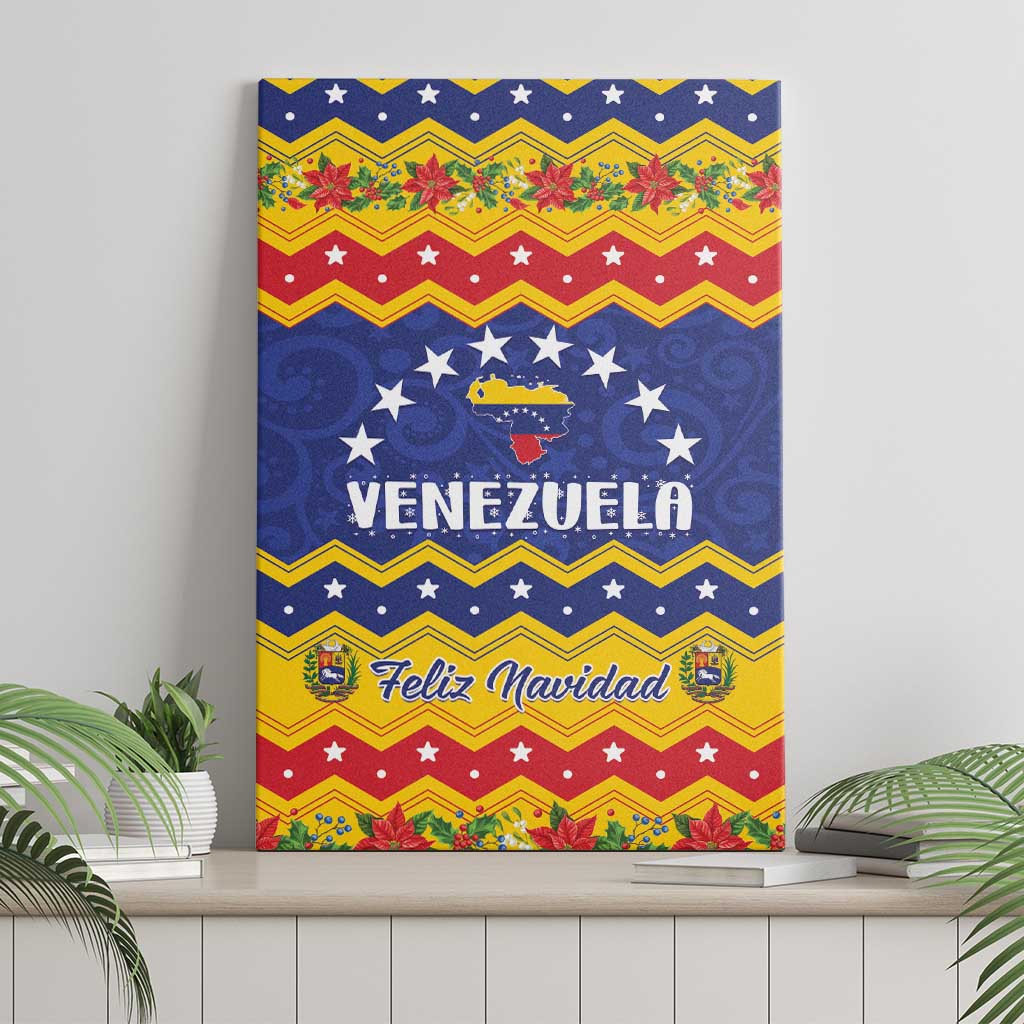 Venezuela Feliz Navidad canvas wall art on shelf, blue red yellow zigzag and stars design
