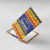 Venezuela Feliz Navidad canvas wall art corner view, blue red yellow holiday pattern