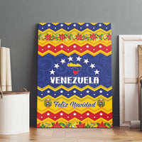 Venezuela Feliz Navidad canvas wall art against dark wall, blue red yellow festive lettering