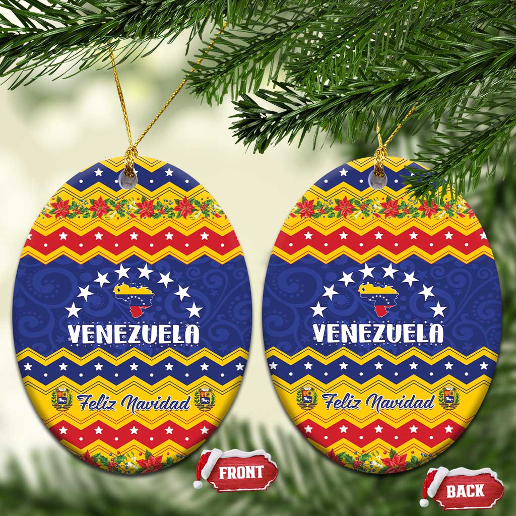 Oval ceramic Venezuela Christmas ornament with blue, red, and yellow Feliz Navidad and gold string