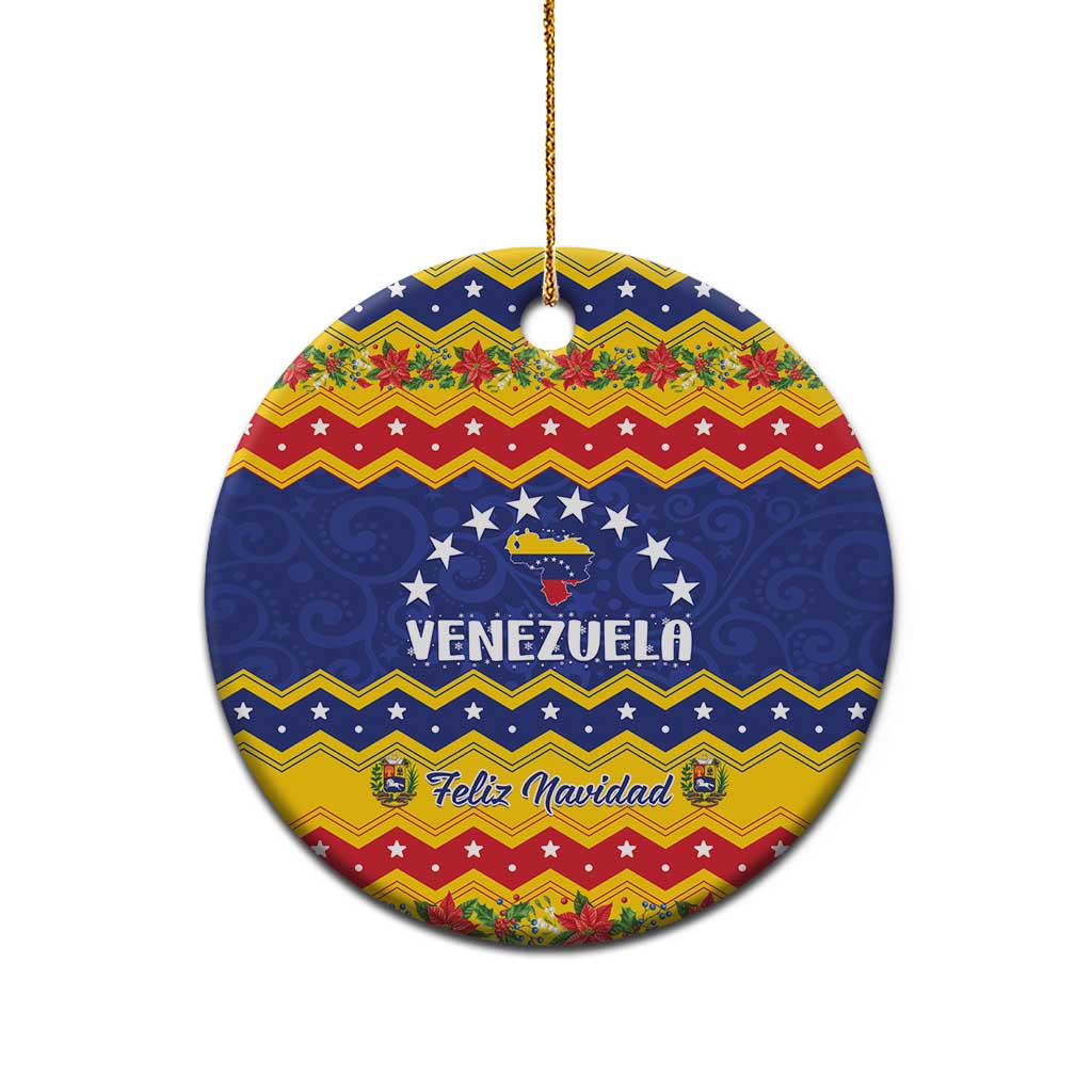 Round ceramic Venezuela Feliz Navidad ornament with blue, red, and yellow pattern and gold string