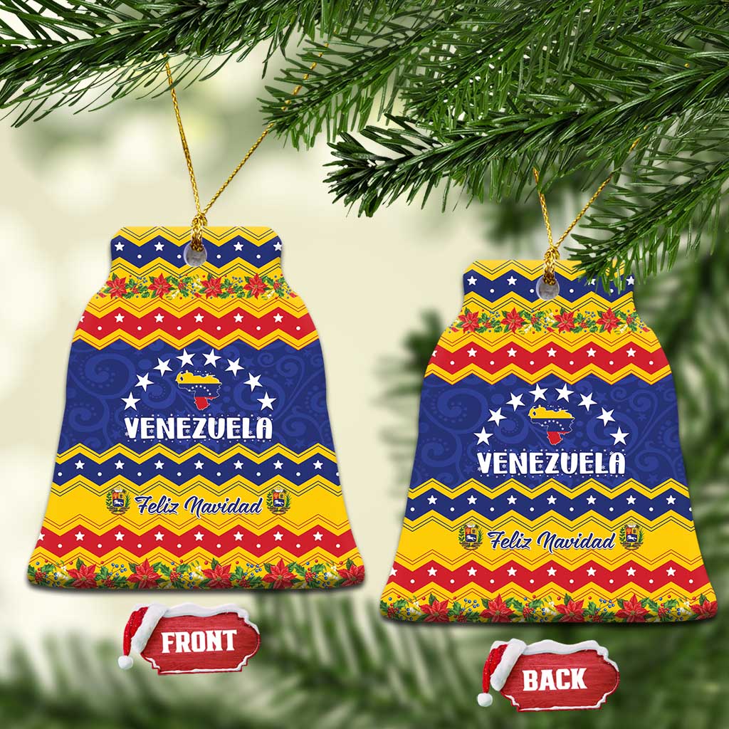 Bell-shaped ceramic Venezuela Christmas ornament with blue, red, and yellow Feliz Navidad design