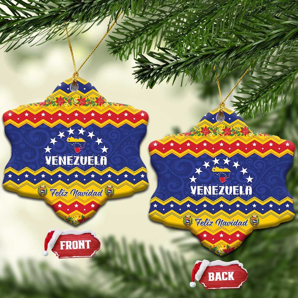 Star-shaped ceramic Venezuela Christmas ornaments with gold hanging strings and Feliz Navidad design