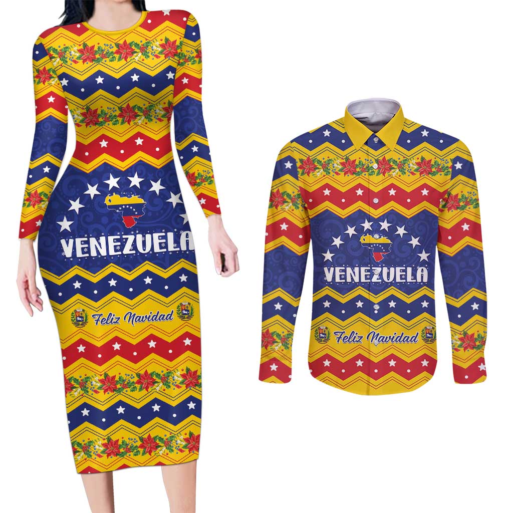 Personalized Venezuela Christmas Couples Matching Long Sleeve Bodycon Dress and Long Sleeve Button Shirt Feliz Navidad - Wonder Print Shop