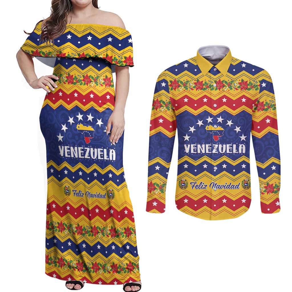 Personalized Venezuela Christmas Couples Matching Off Shoulder Maxi Dress and Long Sleeve Button Shirt Feliz Navidad - Wonder Print Shop