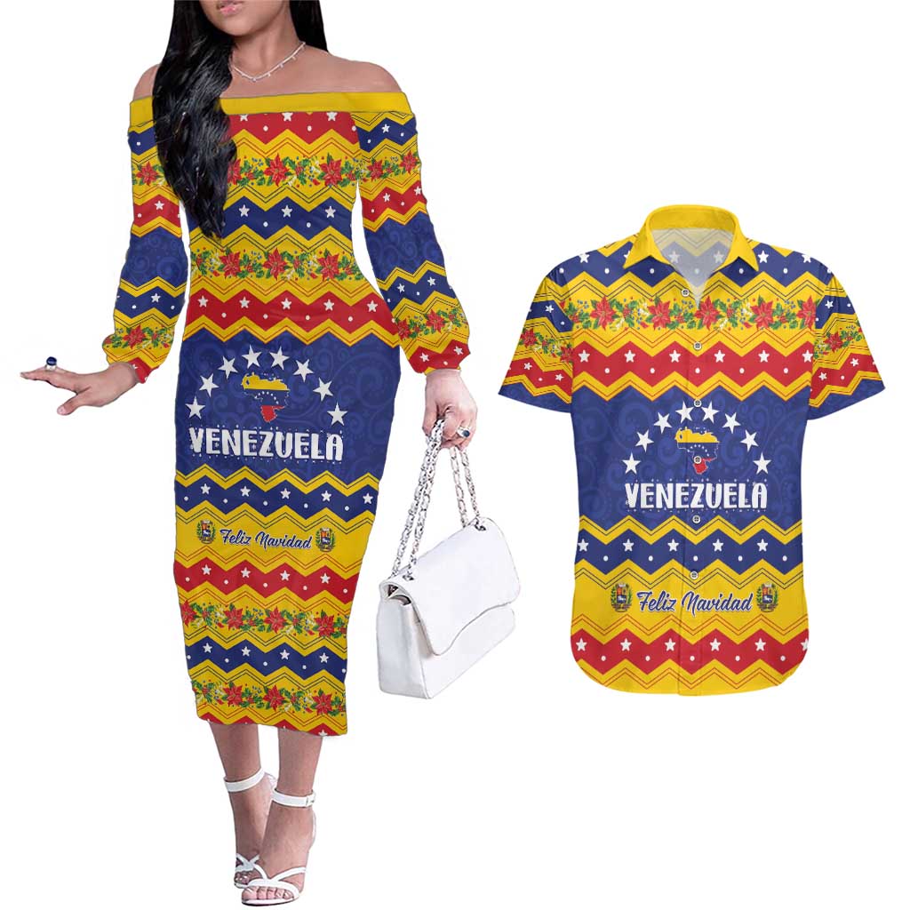 Personalized Venezuela Christmas Couples Matching Off The Shoulder Long Sleeve Dress and Hawaiian Shirt Feliz Navidad - Wonder Print Shop