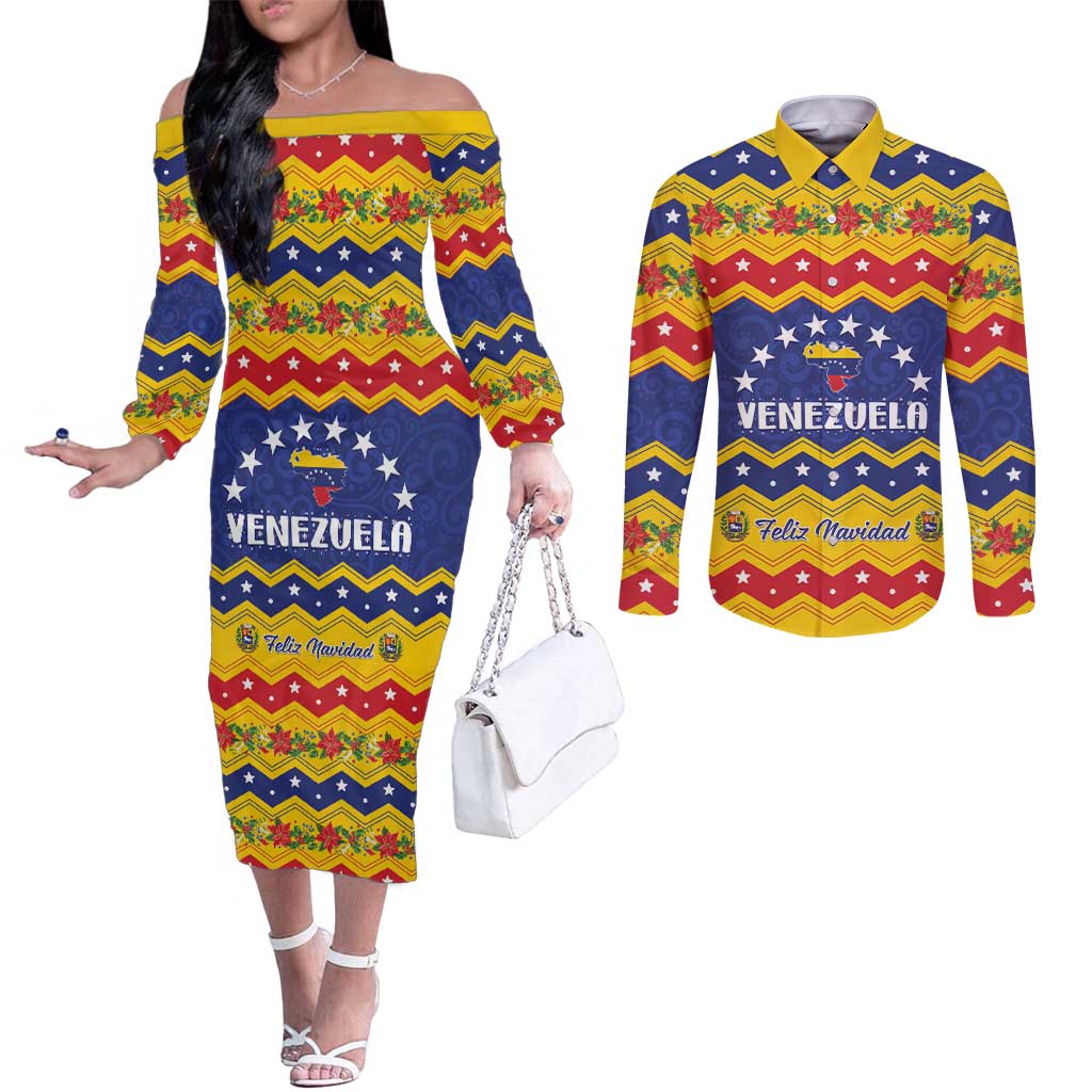 Personalized Venezuela Christmas Couples Matching Off The Shoulder Long Sleeve Dress and Long Sleeve Button Shirt Feliz Navidad