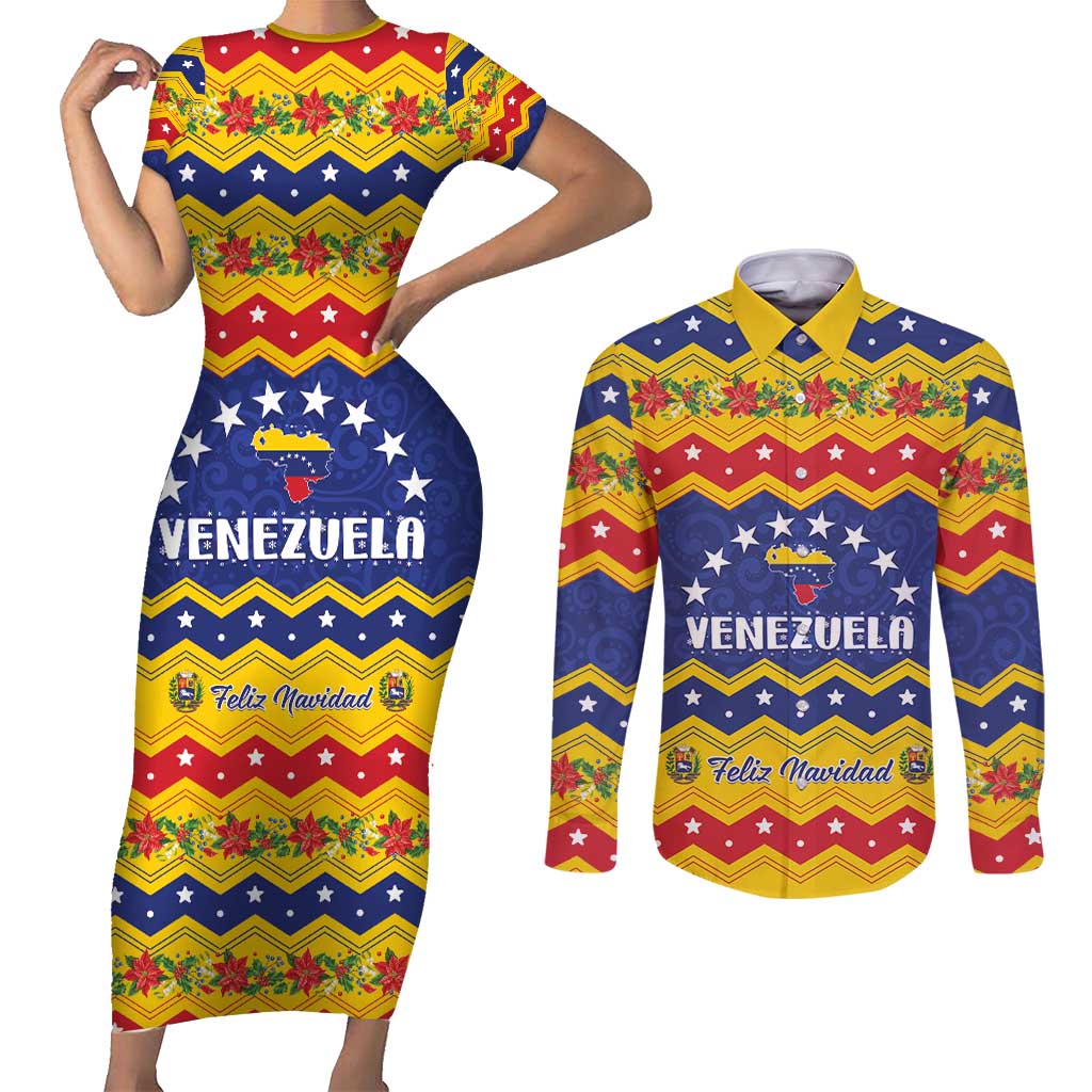 Personalized Venezuela Christmas Couples Matching Short Sleeve Bodycon Dress and Long Sleeve Button Shirt Feliz Navidad - Wonder Print Shop