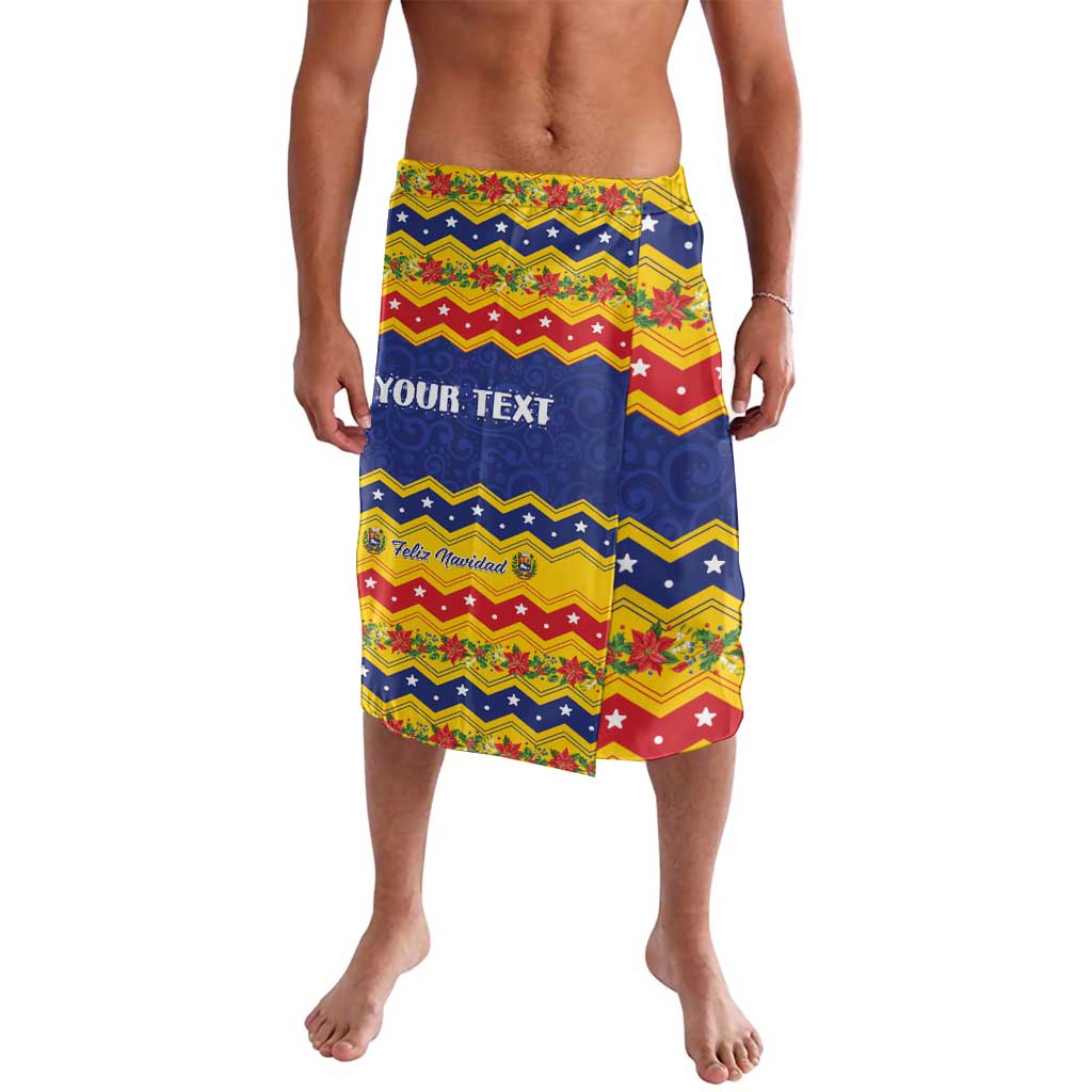 Festive patterned lavalava shorts with blue base, chevrons, and customizable text panel