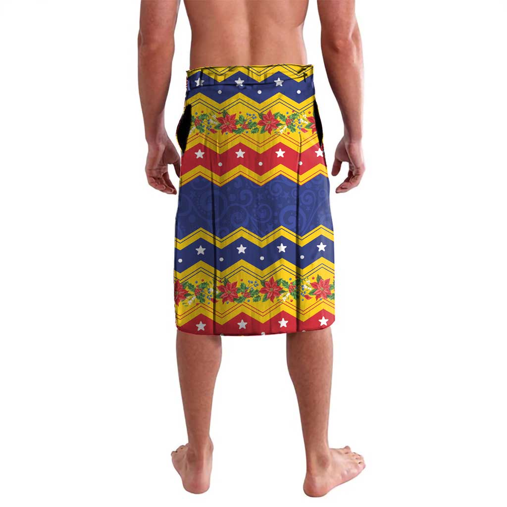 Festive lavalava shorts with zigzag print in red, yellow, and green on blue