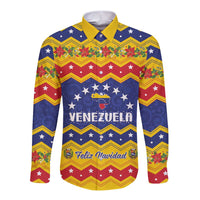 Yellow and navy long-sleeve button shirt with chevron stars and Feliz Navidad graphic