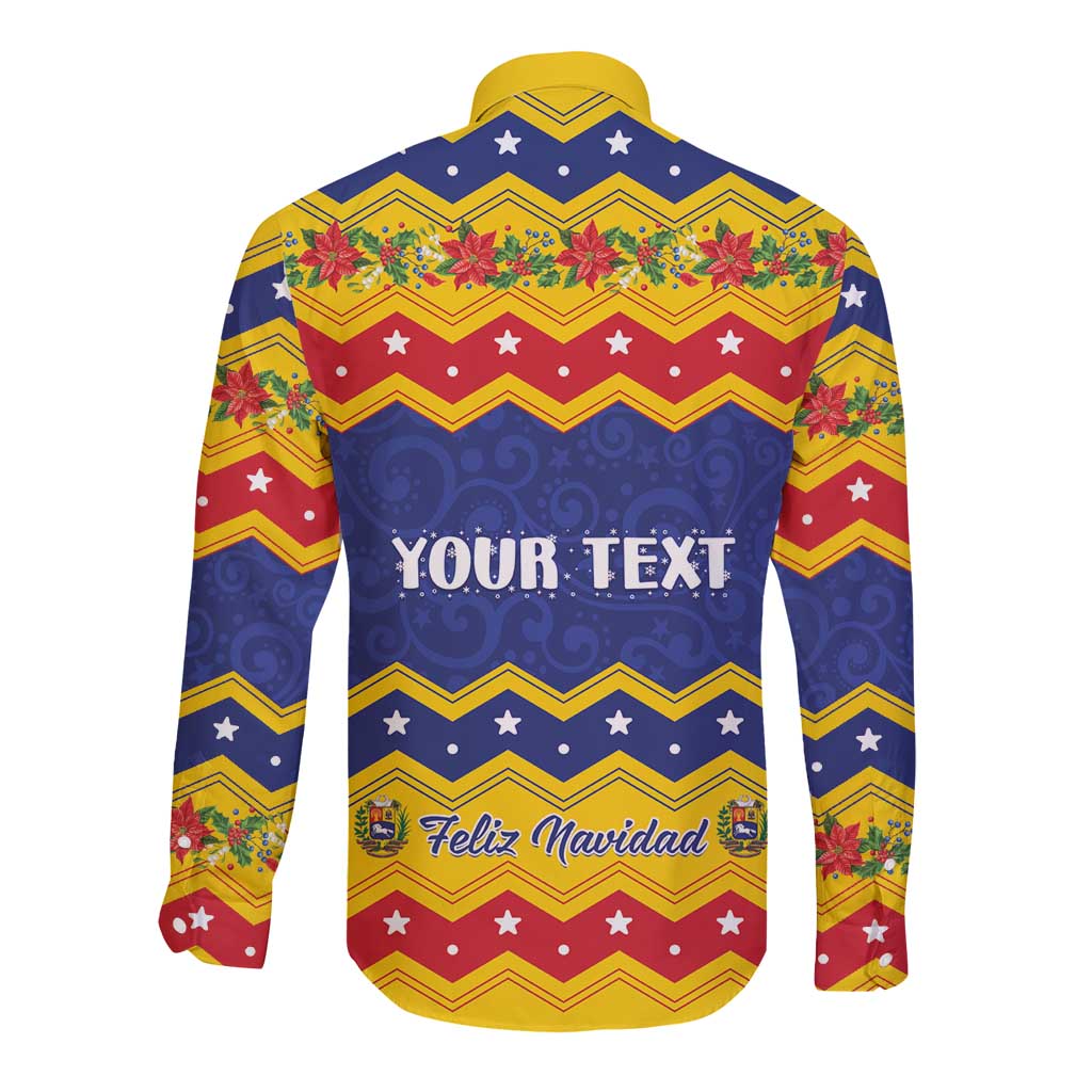 Yellow and navy long-sleeve button shirt back with YOUR TEXT and Feliz Navidad print