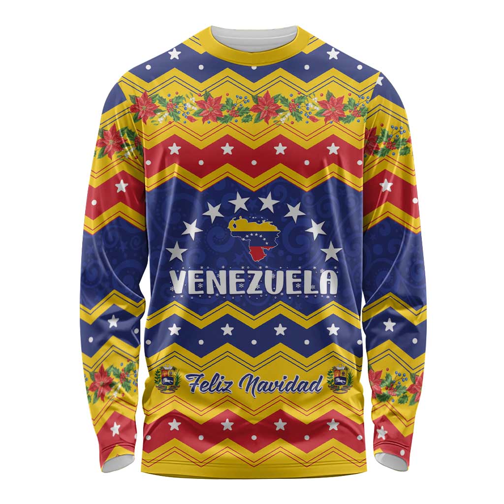 Unisex long sleeve Christmas shirt, blue-yellow zigzag with Venezuela graphic and Feliz Navidad.