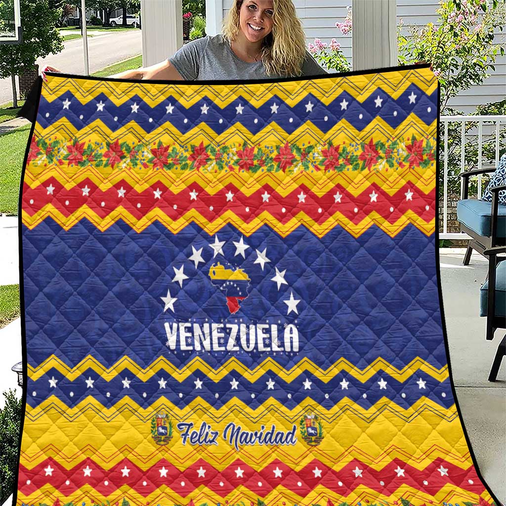 Venezuela Christmas quilt with blue, red, yellow zigzag pattern and Feliz Navidad