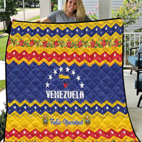 Venezuela Christmas quilt with blue, red, yellow zigzag pattern and Feliz Navidad