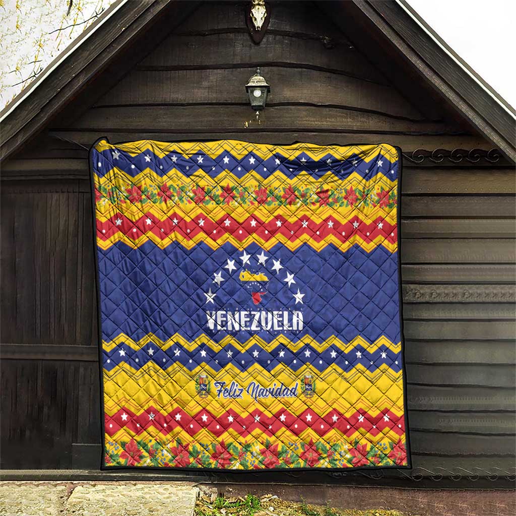 Venezuela Christmas quilt displayed indoors, blue star design with VENEZUELA and Feliz Navidad