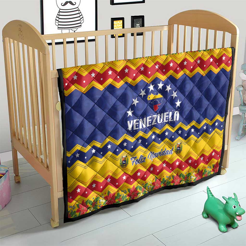 Venezuela Christmas quilt on a baby bed, blue stars, VENEZUELA, and Feliz Navidad